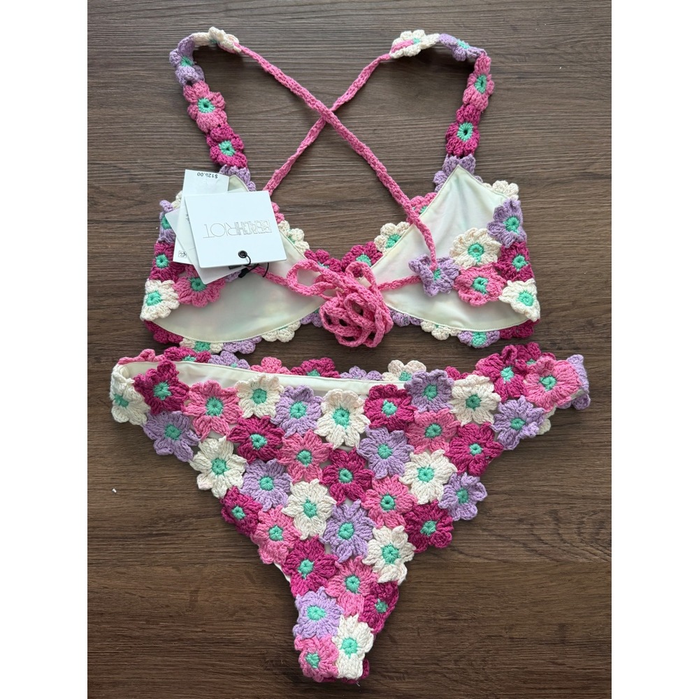 Beach Riot Womens Large Floral Crochet Bikini Set Pink Purple LOFL New With Tags - Picture 4 of 7